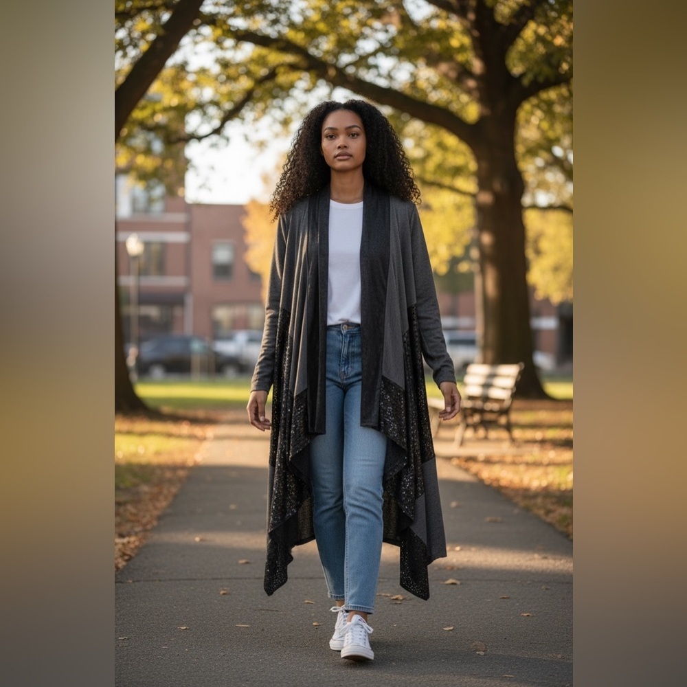 (16)Elegant Gray/Black Pleather Women's Cardigan